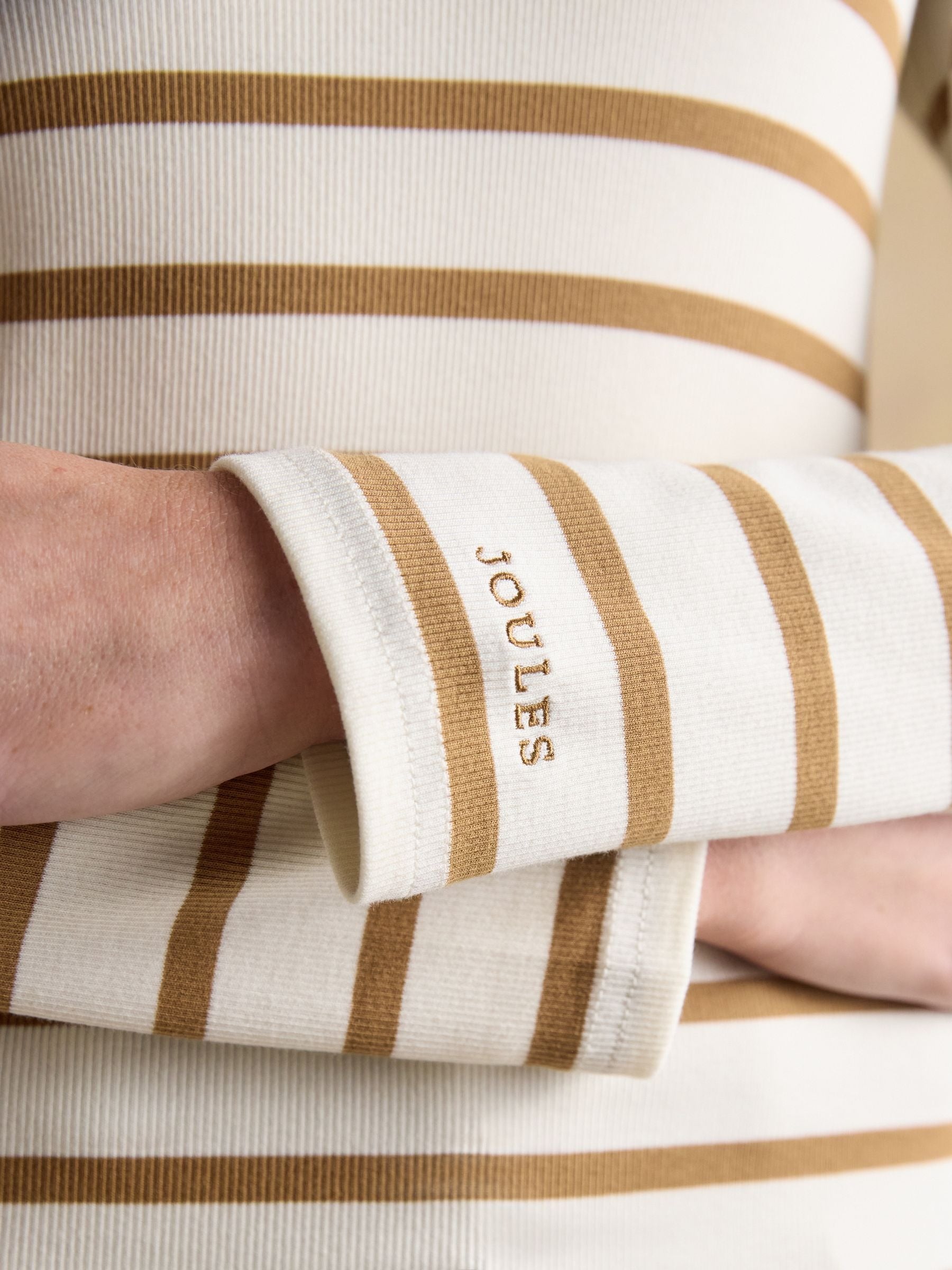 Fairfield Jonty Fox Cream & Brown Striped Long Sleeve Ribbed Polo Shirt