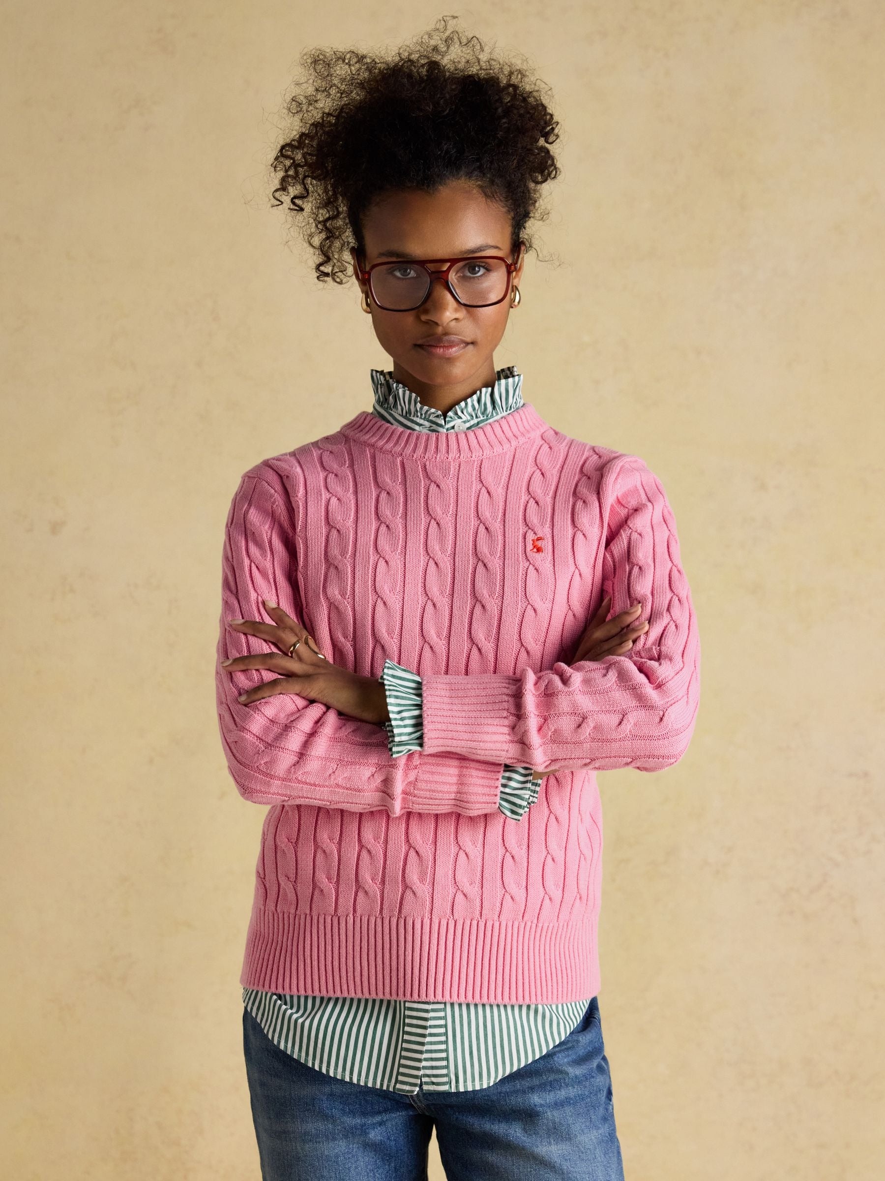 Pink Classic Crew Neck Cotton Cable Knit Jumper