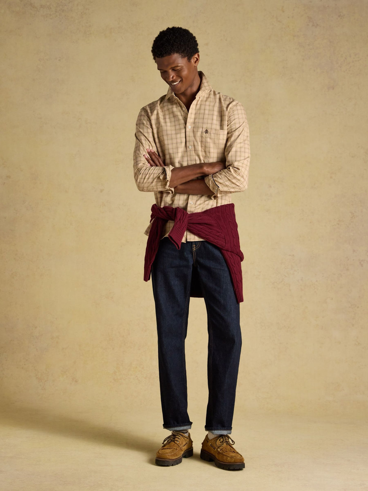 Oatmeal Checked Classic Fit Cotton Oxford Shirt