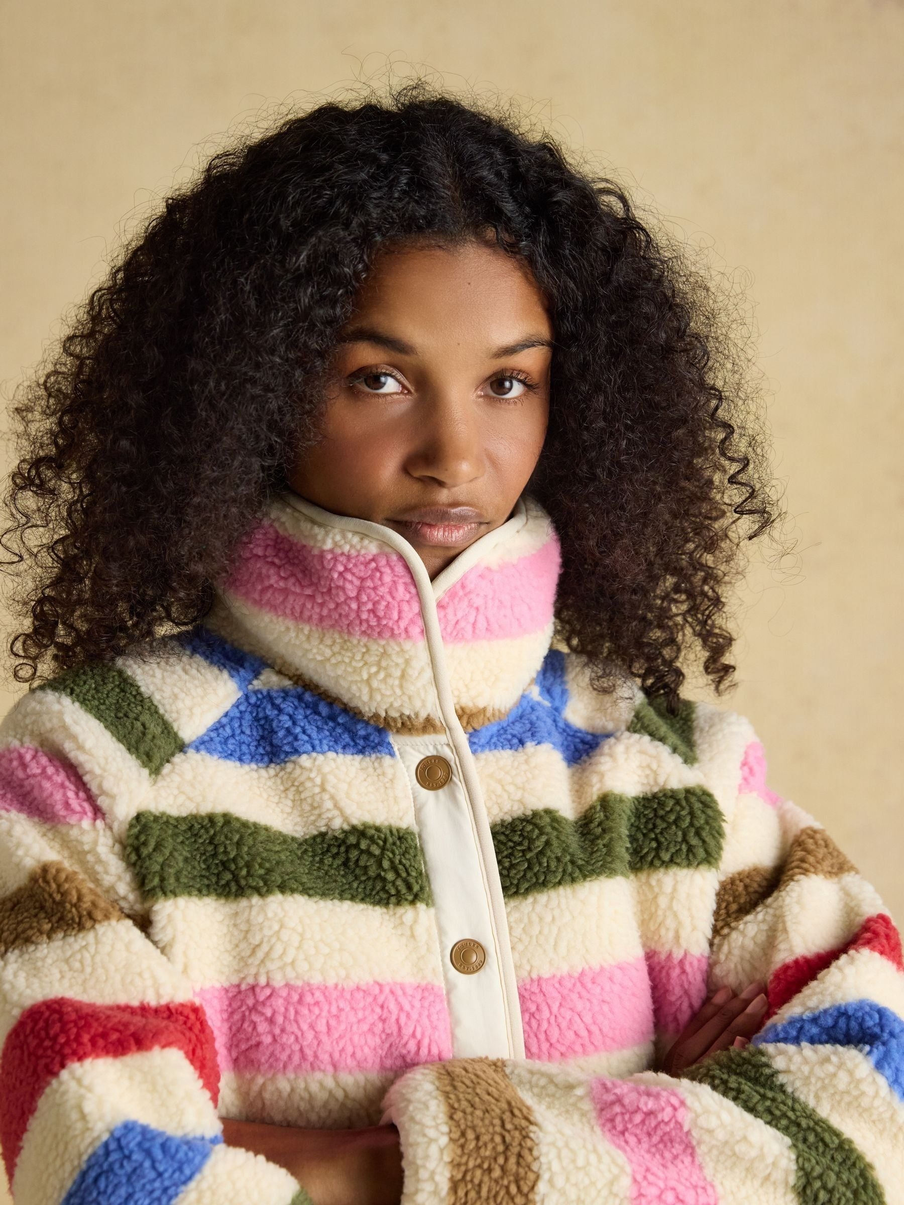 Cream Multi Bright Striped Borg Fleece Jacket