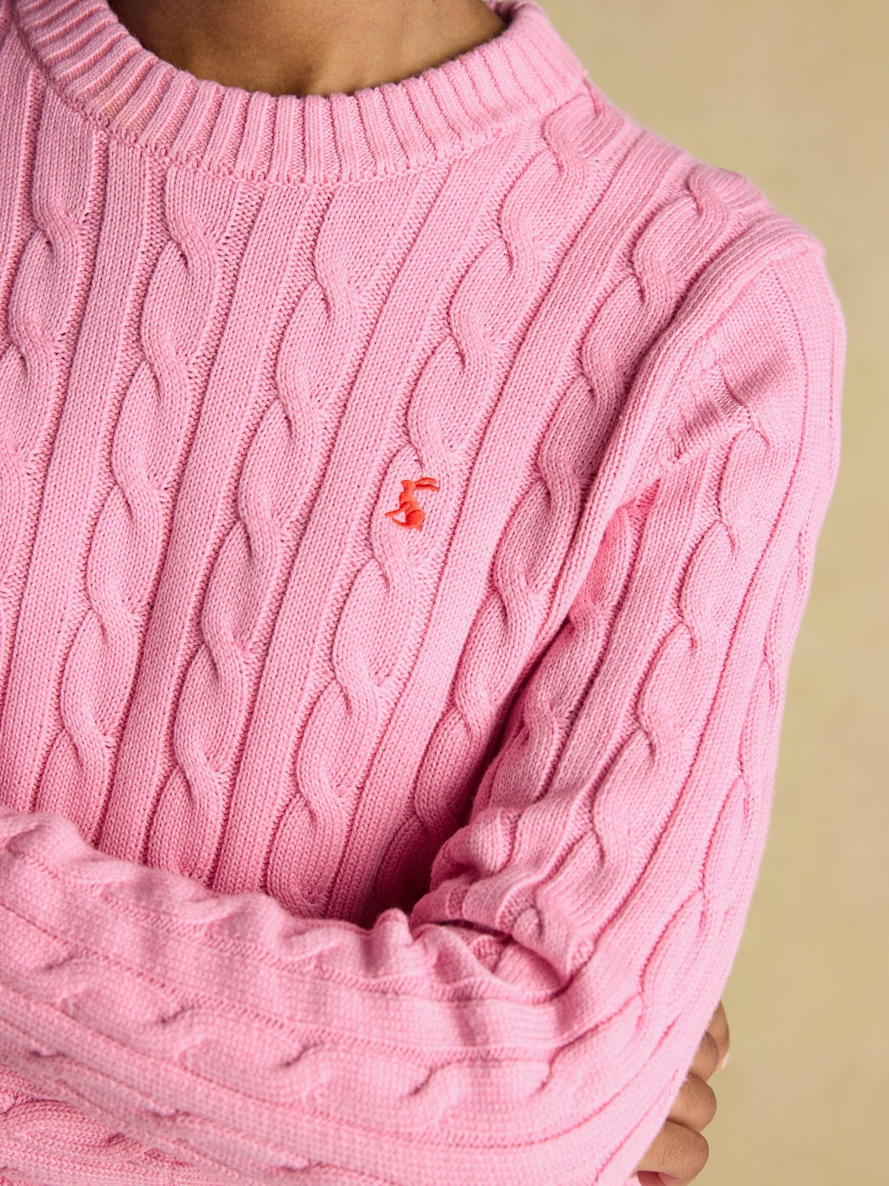 Pink Classic Crew Neck Cotton Cable Knit Jumper
