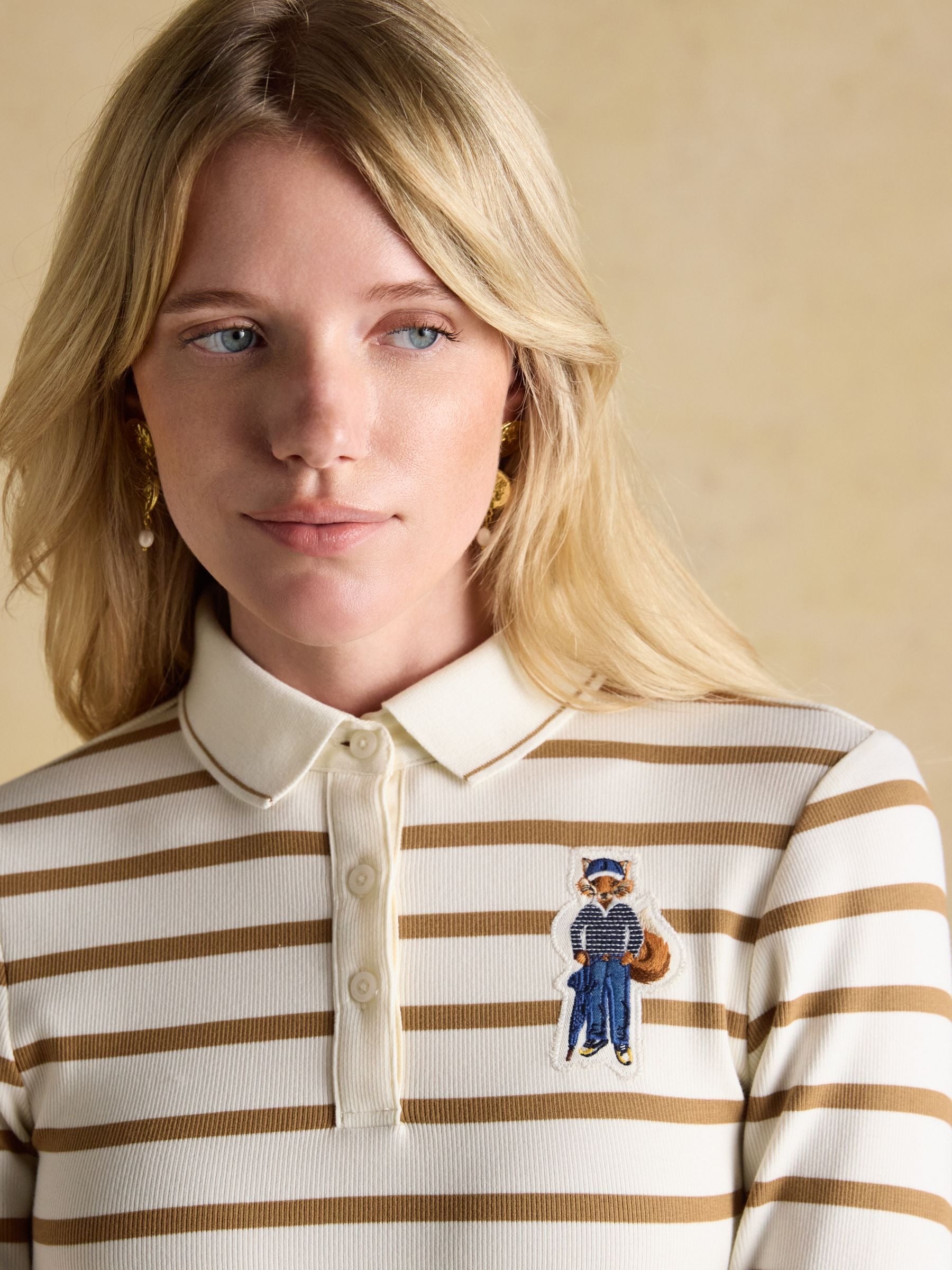 Fairfield Jonty Fox Cream & Brown Striped Long Sleeve Ribbed Polo Shirt