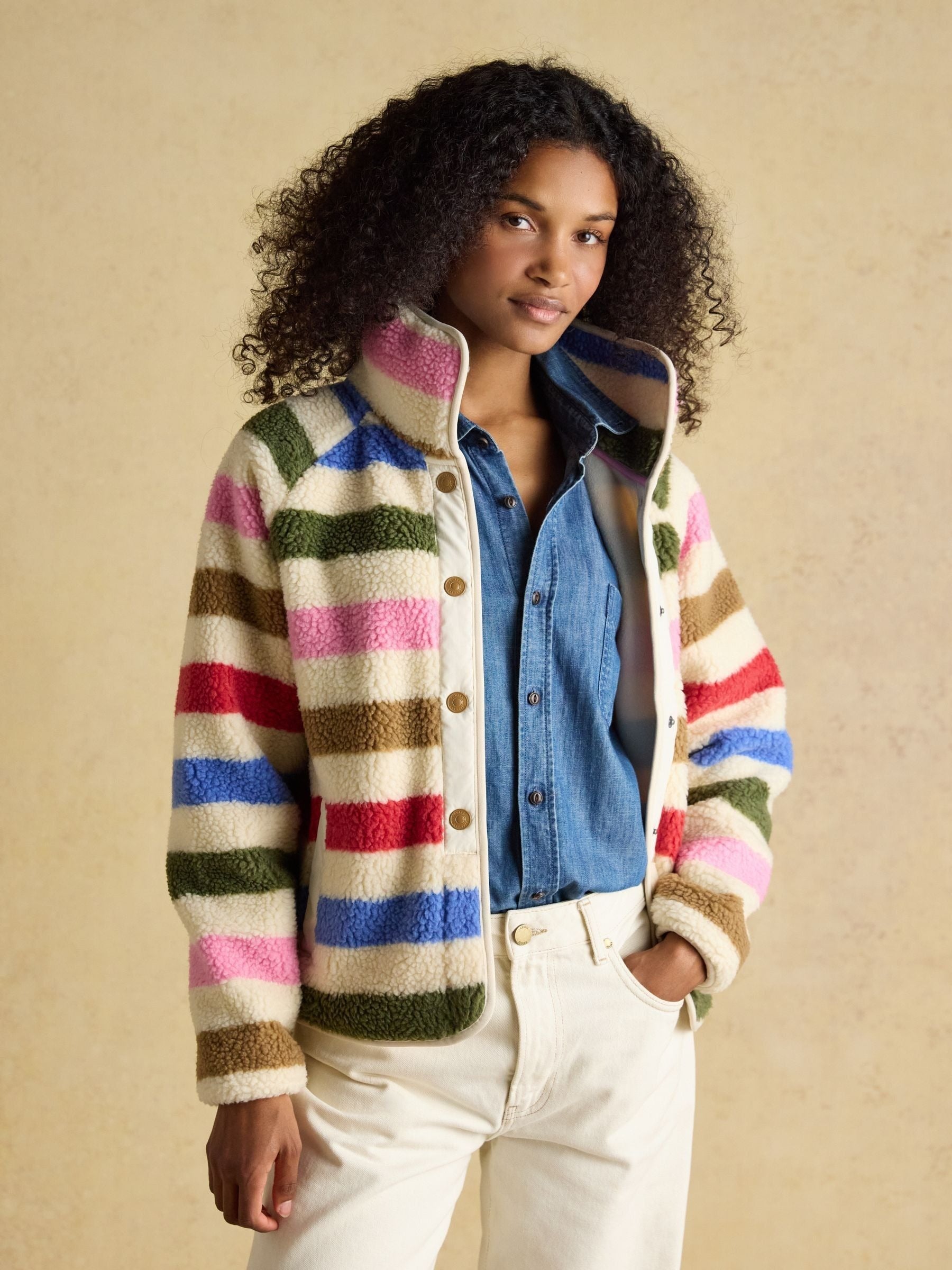 Cream Multi Bright Striped Borg Fleece Jacket