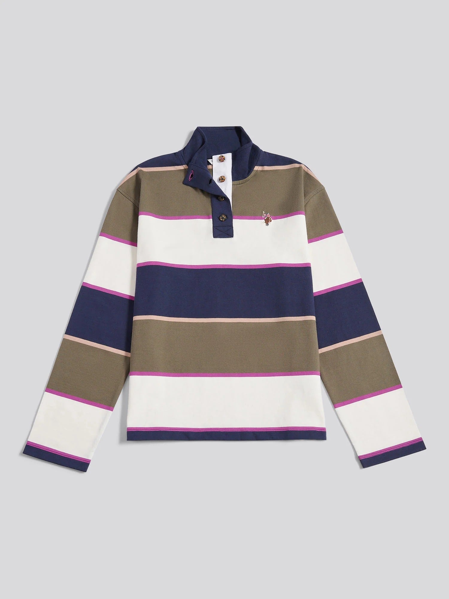 Womens Large Stripe Funnel Neck Rugby Shirt in Kalamata Green