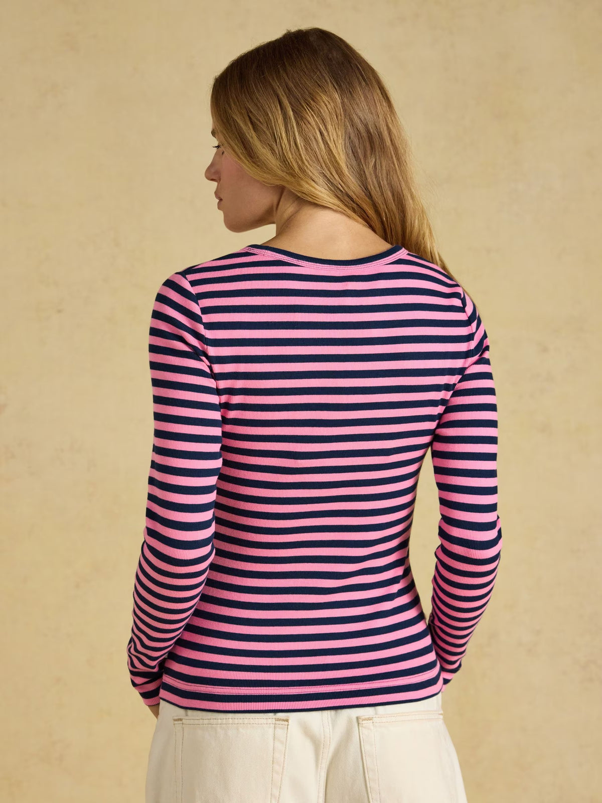 Sophie Navy & Pink Striped Long Sleeve Ribbed Fitted T-Shirt
