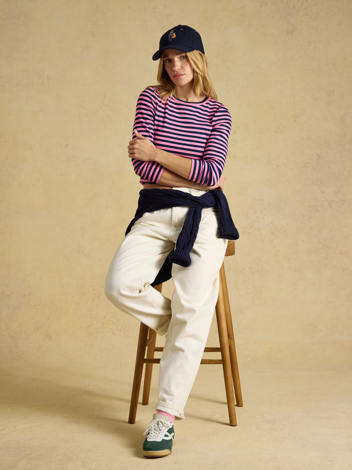 Sophie Navy & Pink Striped Long Sleeve Ribbed Fitted T-Shirt