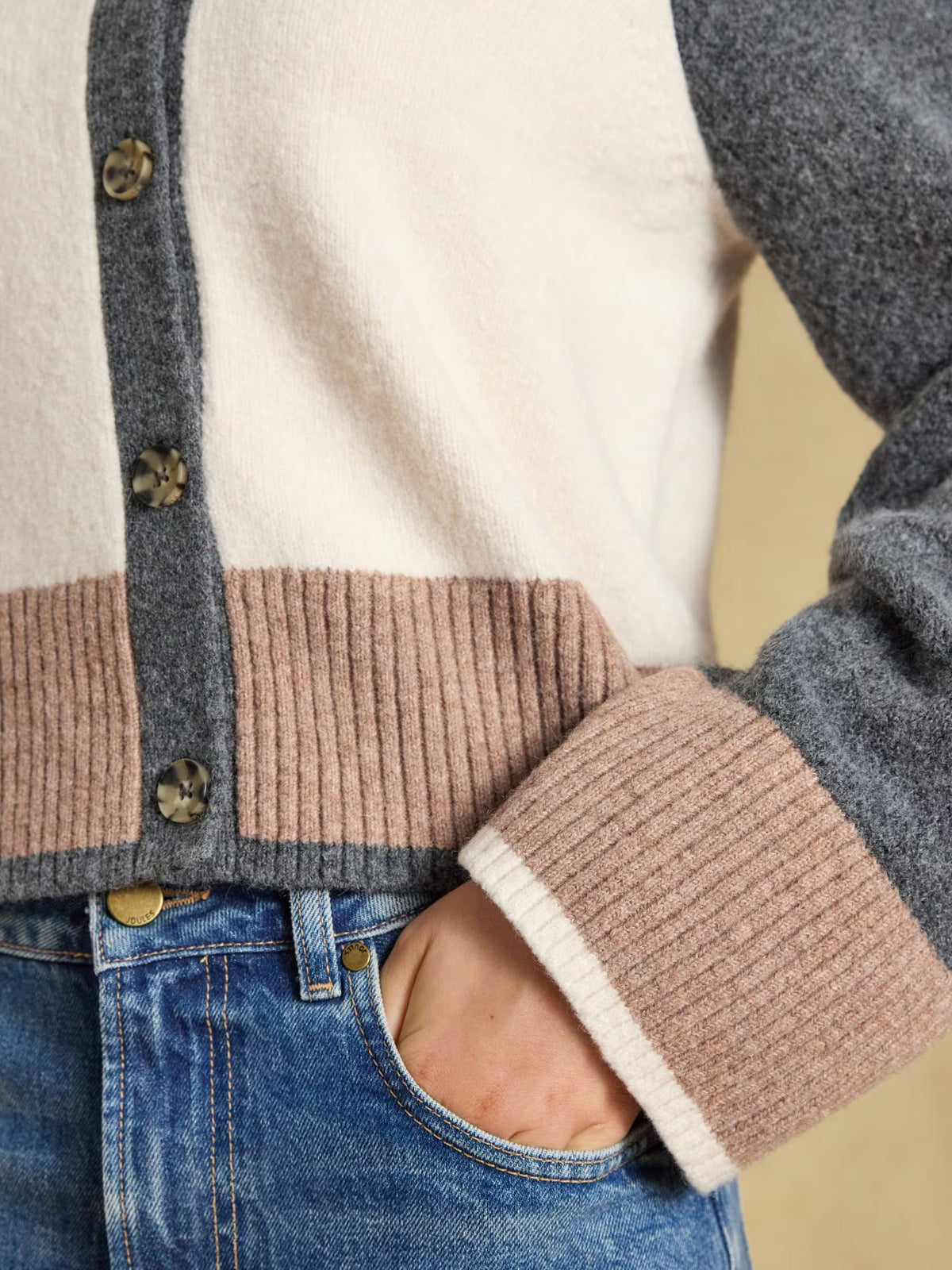 Cream & Tan Crew Neck Knitted Cardigan