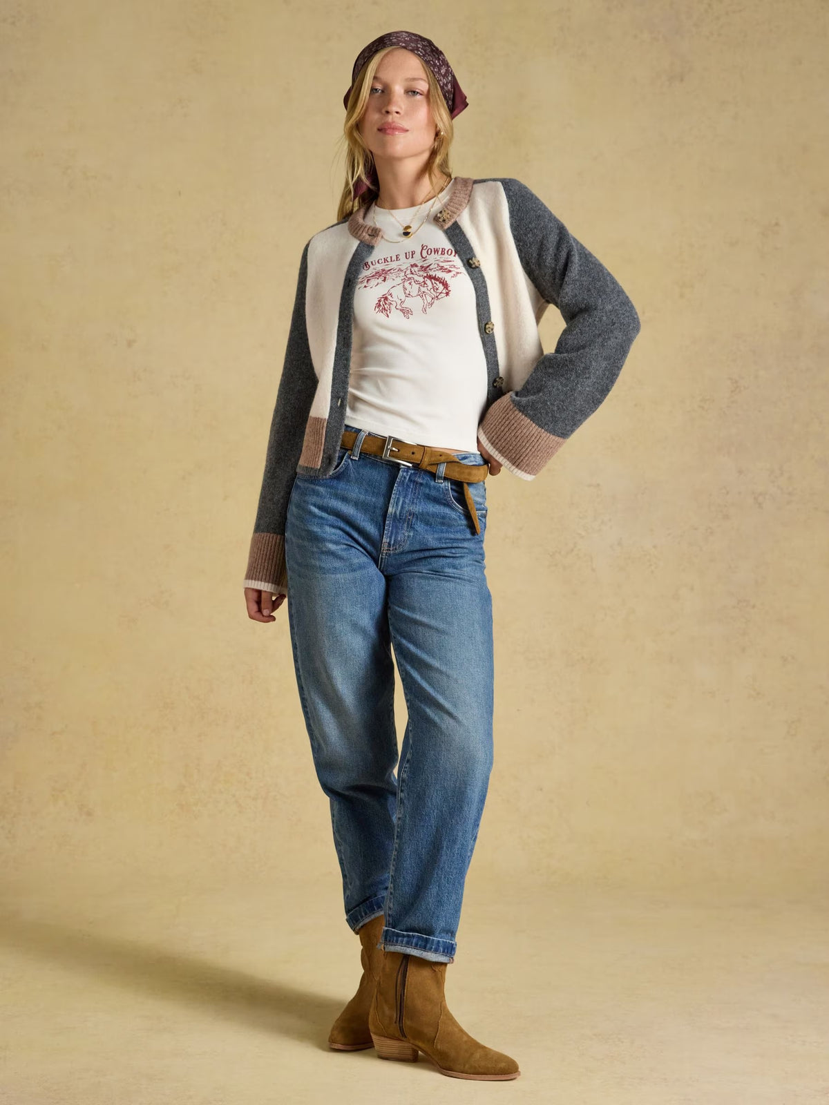 Cream & Tan Crew Neck Knitted Cardigan