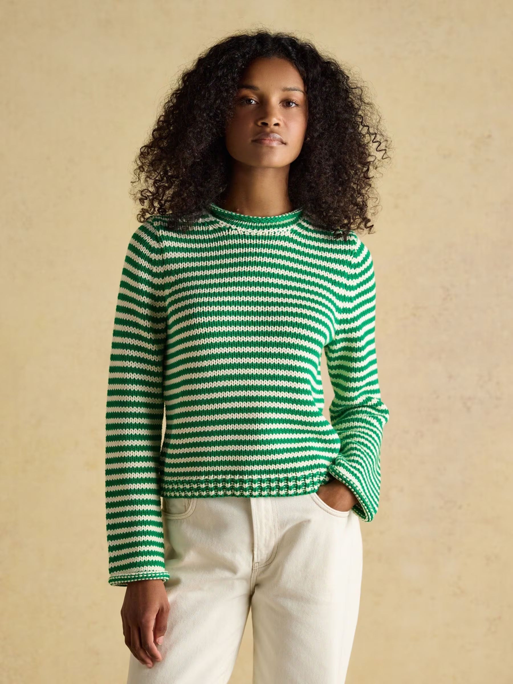 Green & White Striped Cotton Crew Neck Jumper