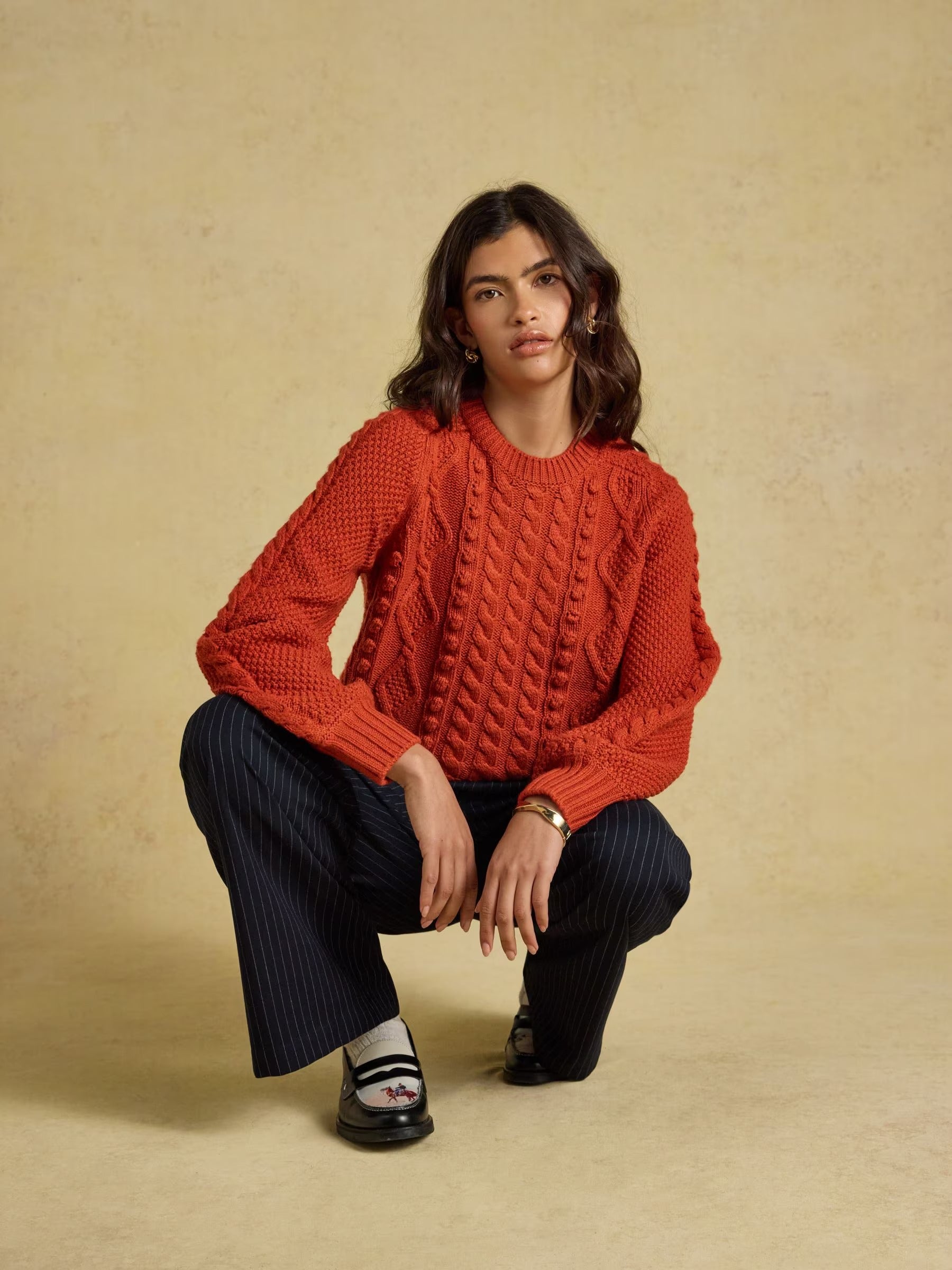 Rafferty Burnt Orange Cable Knit Crew Neck Jumper