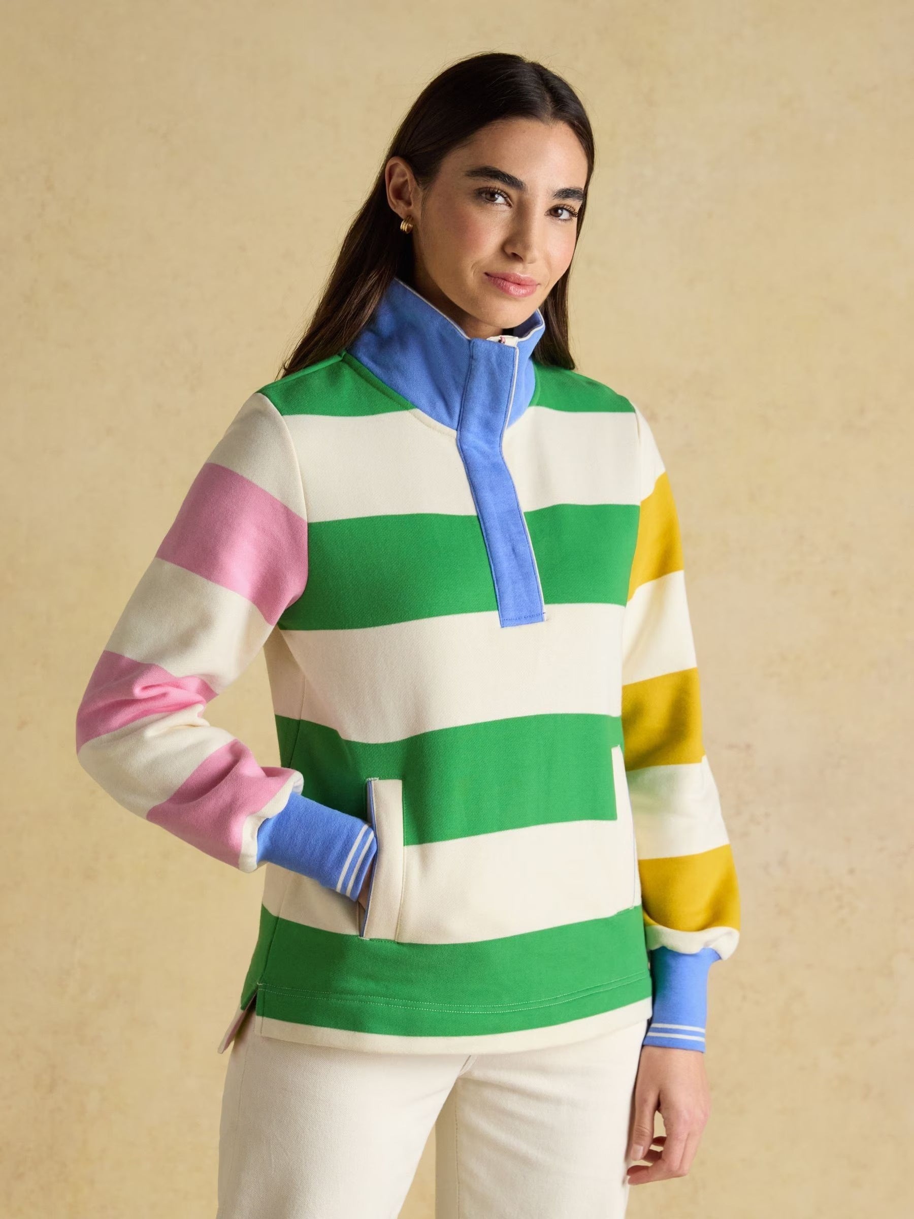 Burnham Cream Stripe Quarter Zip Sweatshirt With Funnel Neck