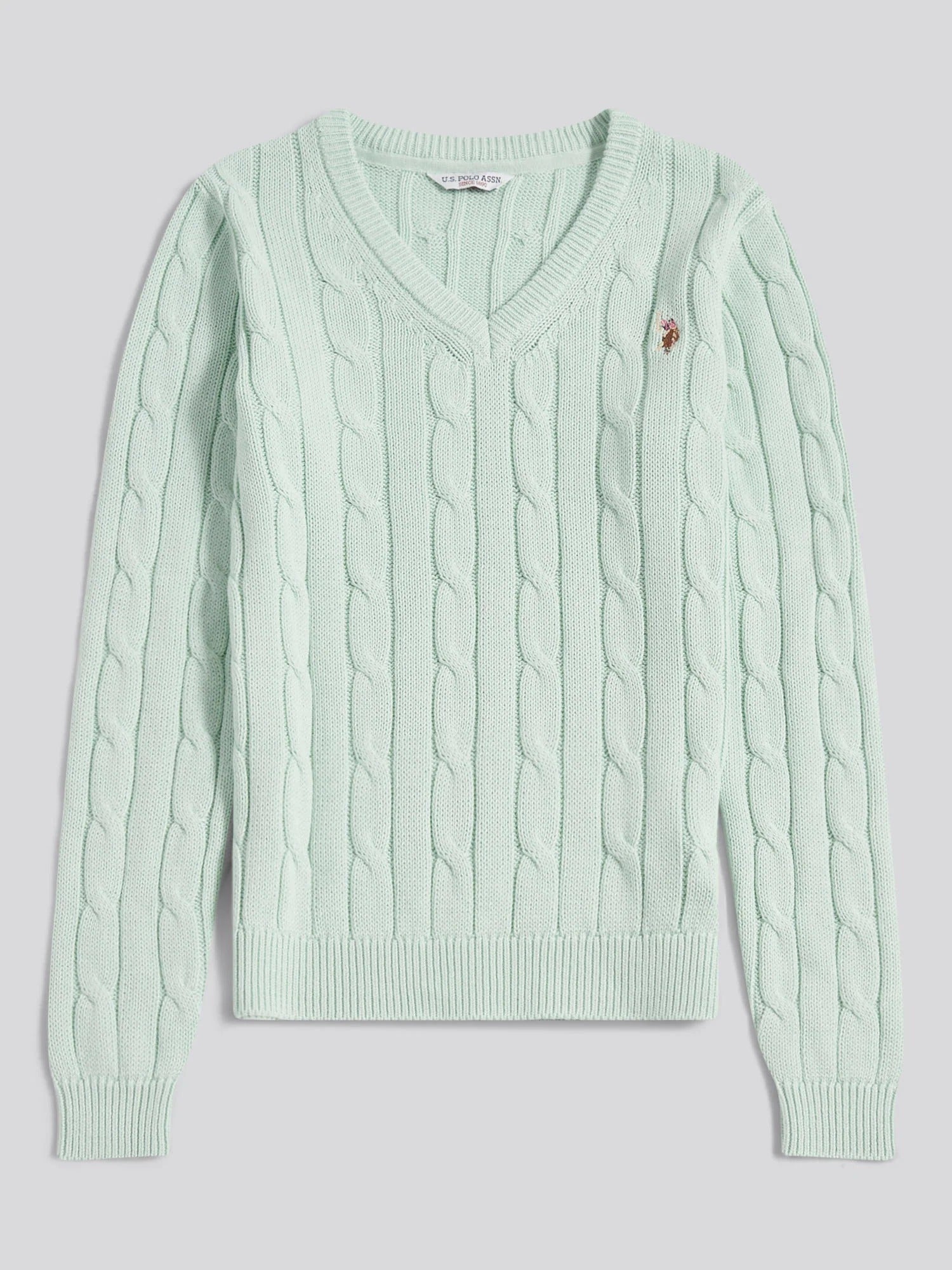 Womens V-Neck Cable Jumper Misty Jade
