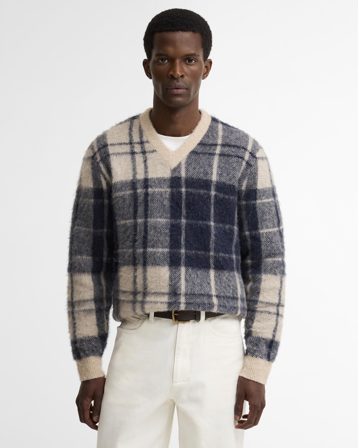 Hunham Tartan V-Neck Jumper - Stone