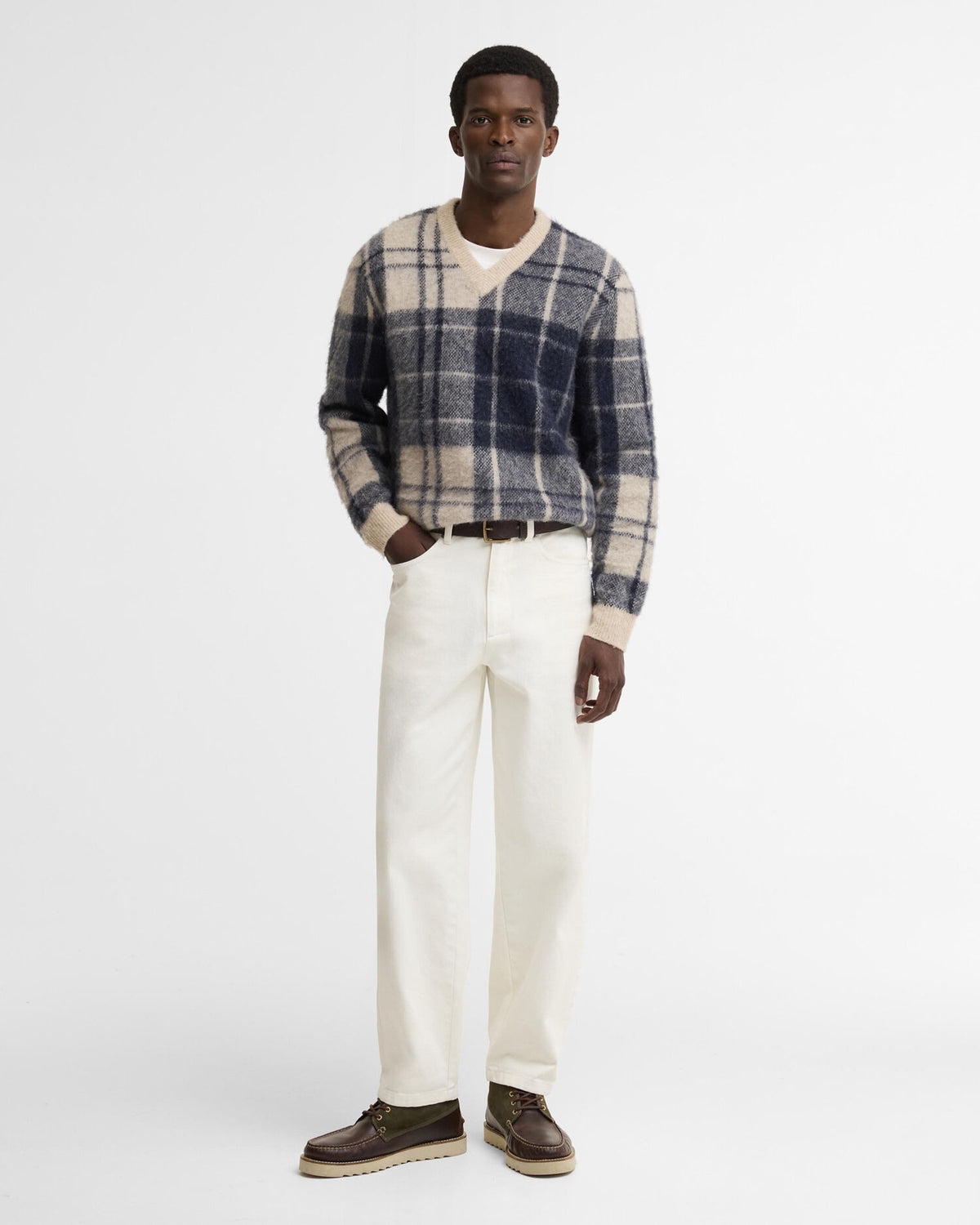 Hunham Tartan V-Neck Jumper - Stone