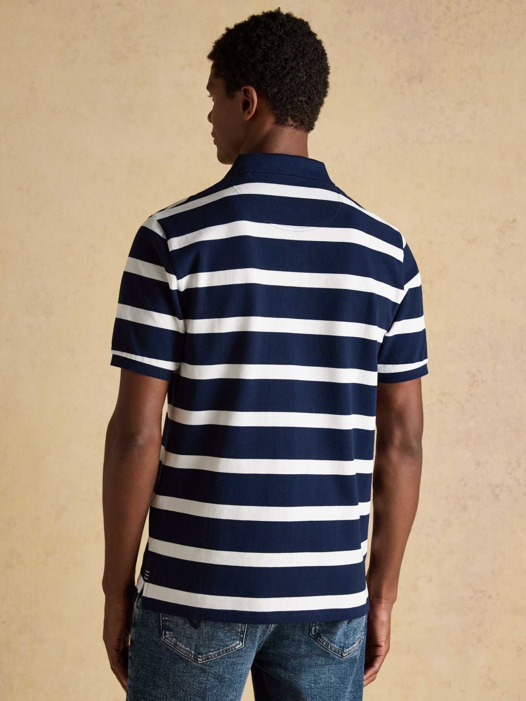 Woody Navy & White Striped Cotton Pique Polo Shirt