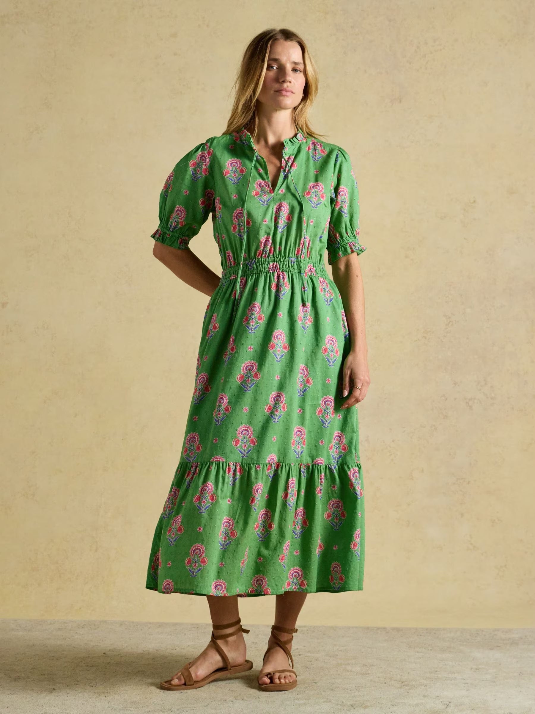 Larissa Green & Pink Foulard Print Tie Neck Midi Dress