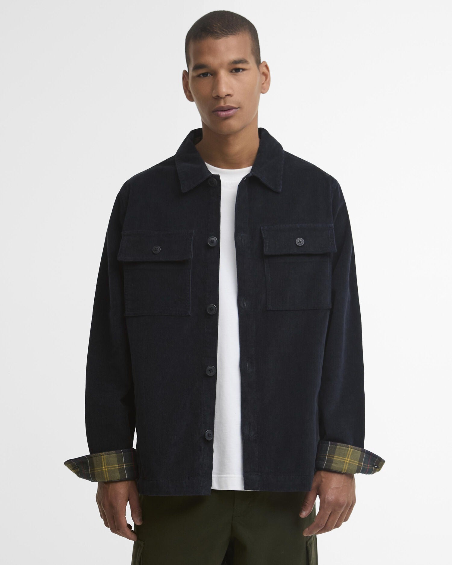 Tartan Trimmed Cord Overshirt - Navy