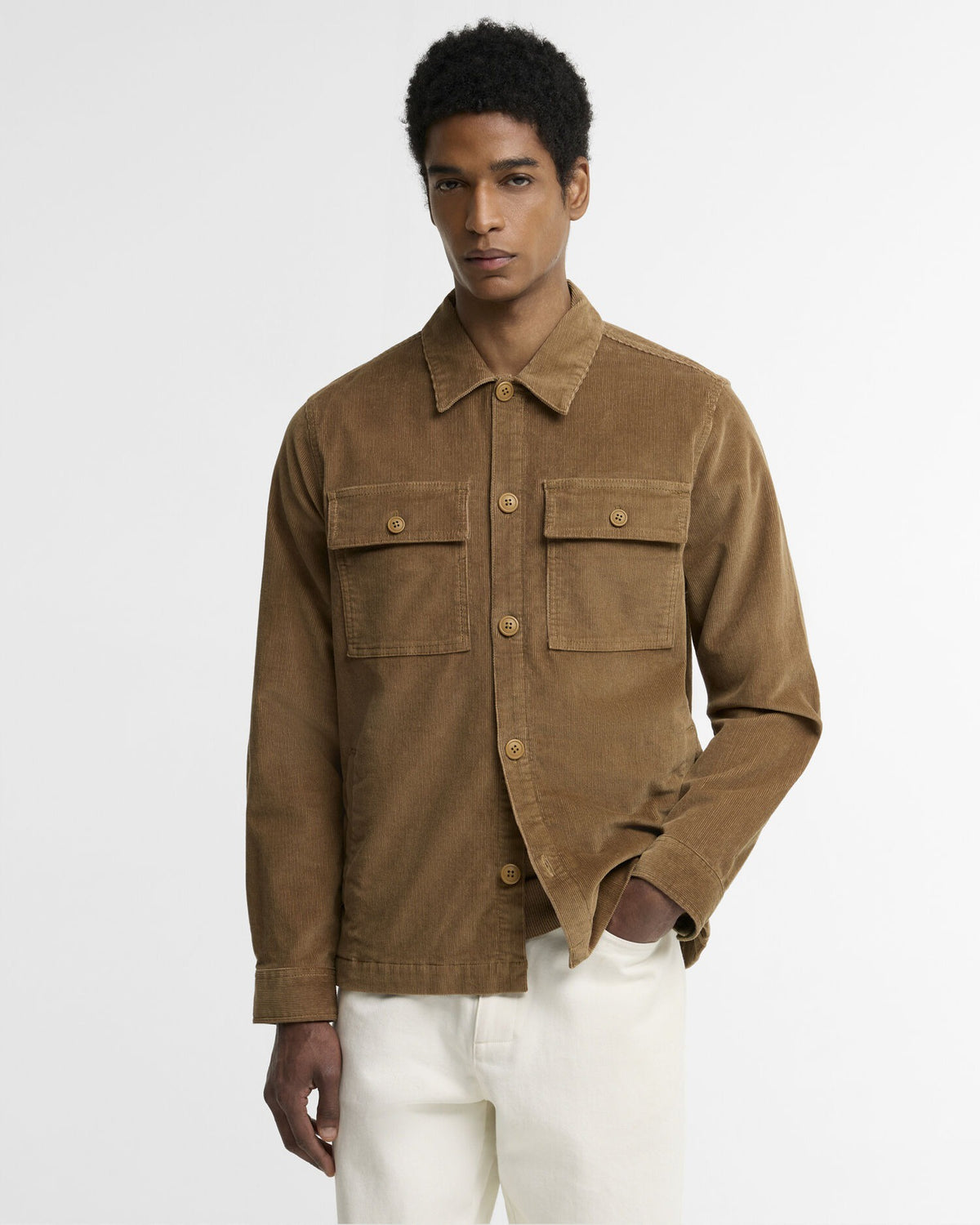 Tartan Trimmed Cord Overshirt - Sandstone