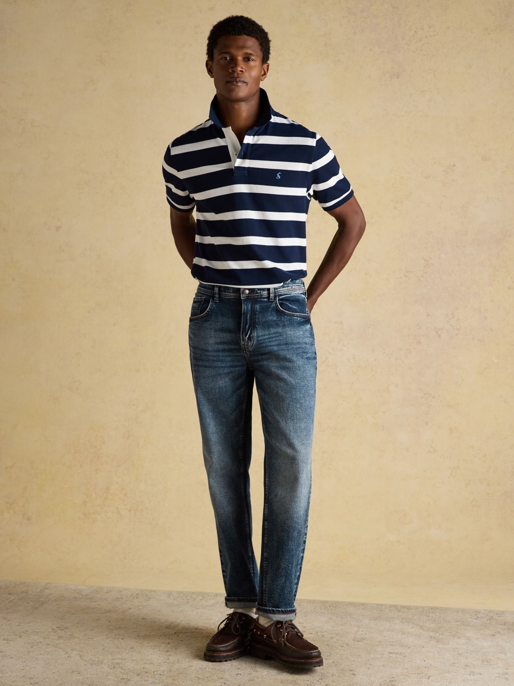Woody Navy & White Striped Cotton Pique Polo Shirt