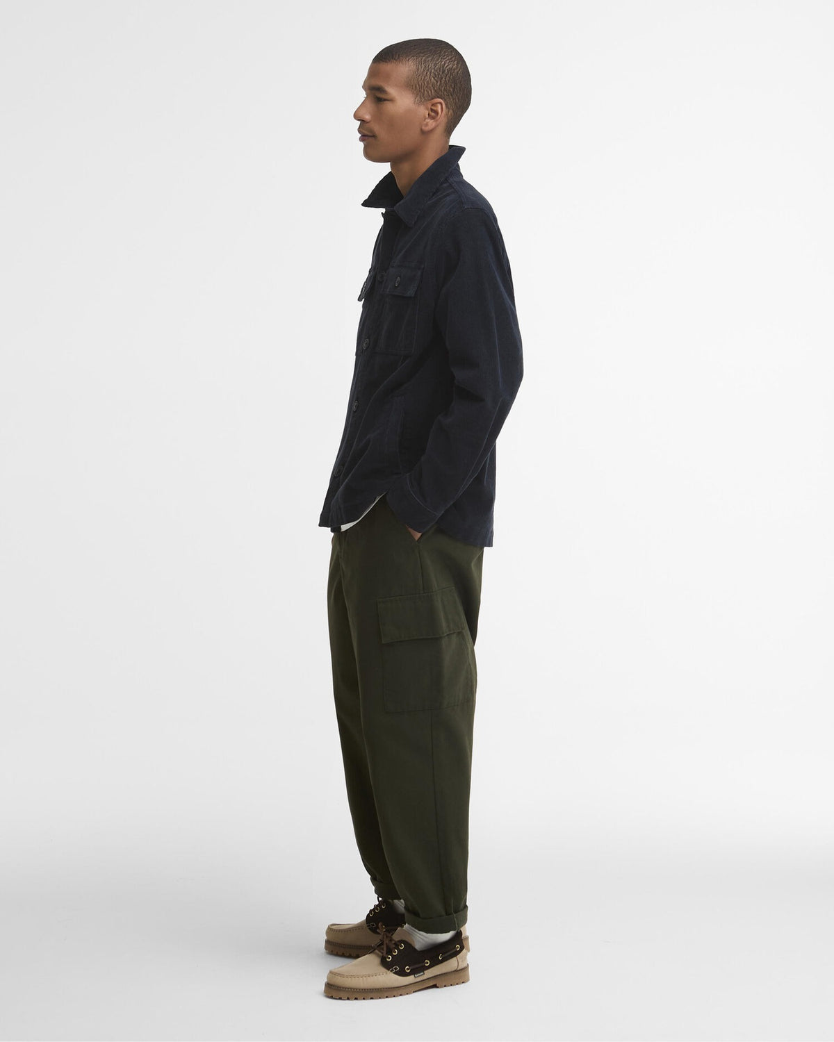 Tartan Trimmed Cord Overshirt - Navy