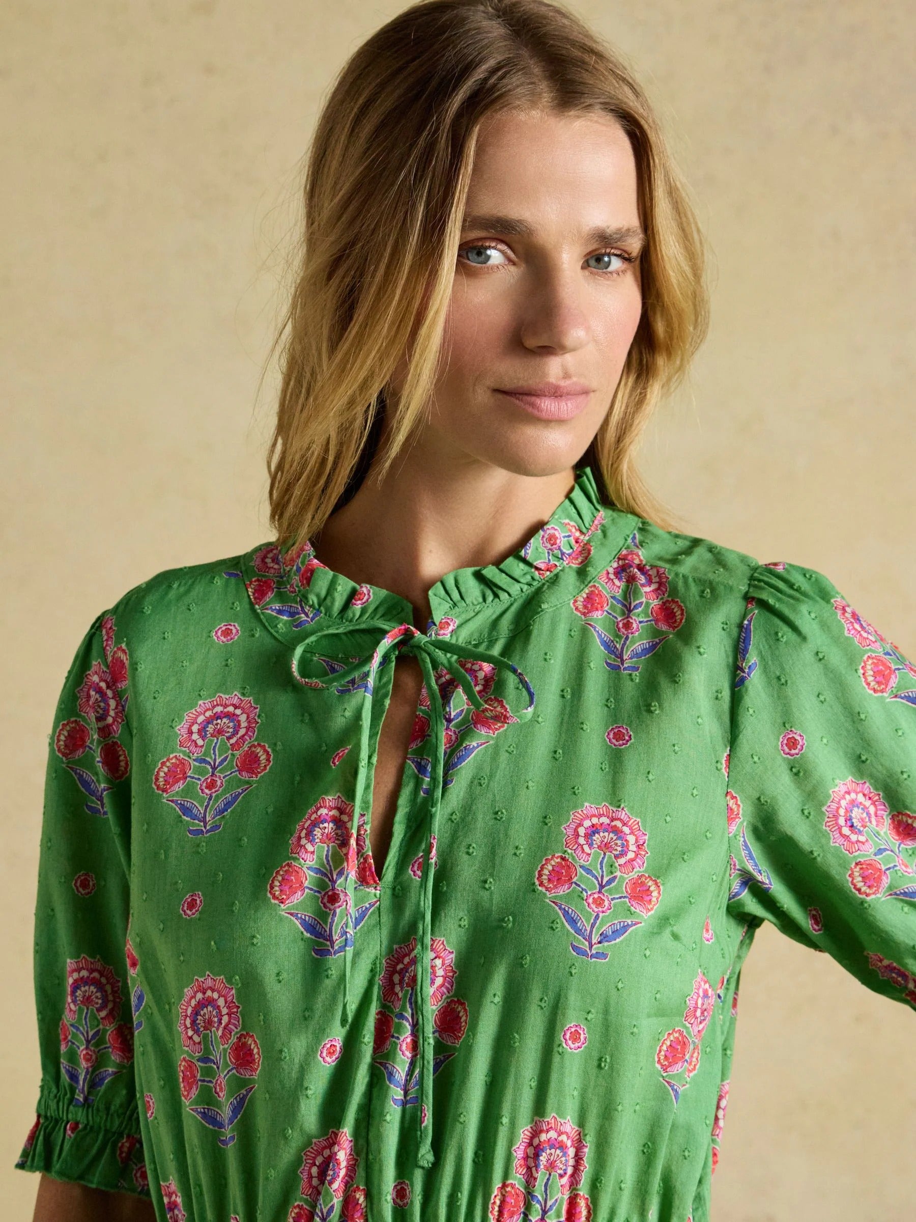 Larissa Green & Pink Foulard Print Tie Neck Midi Dress
