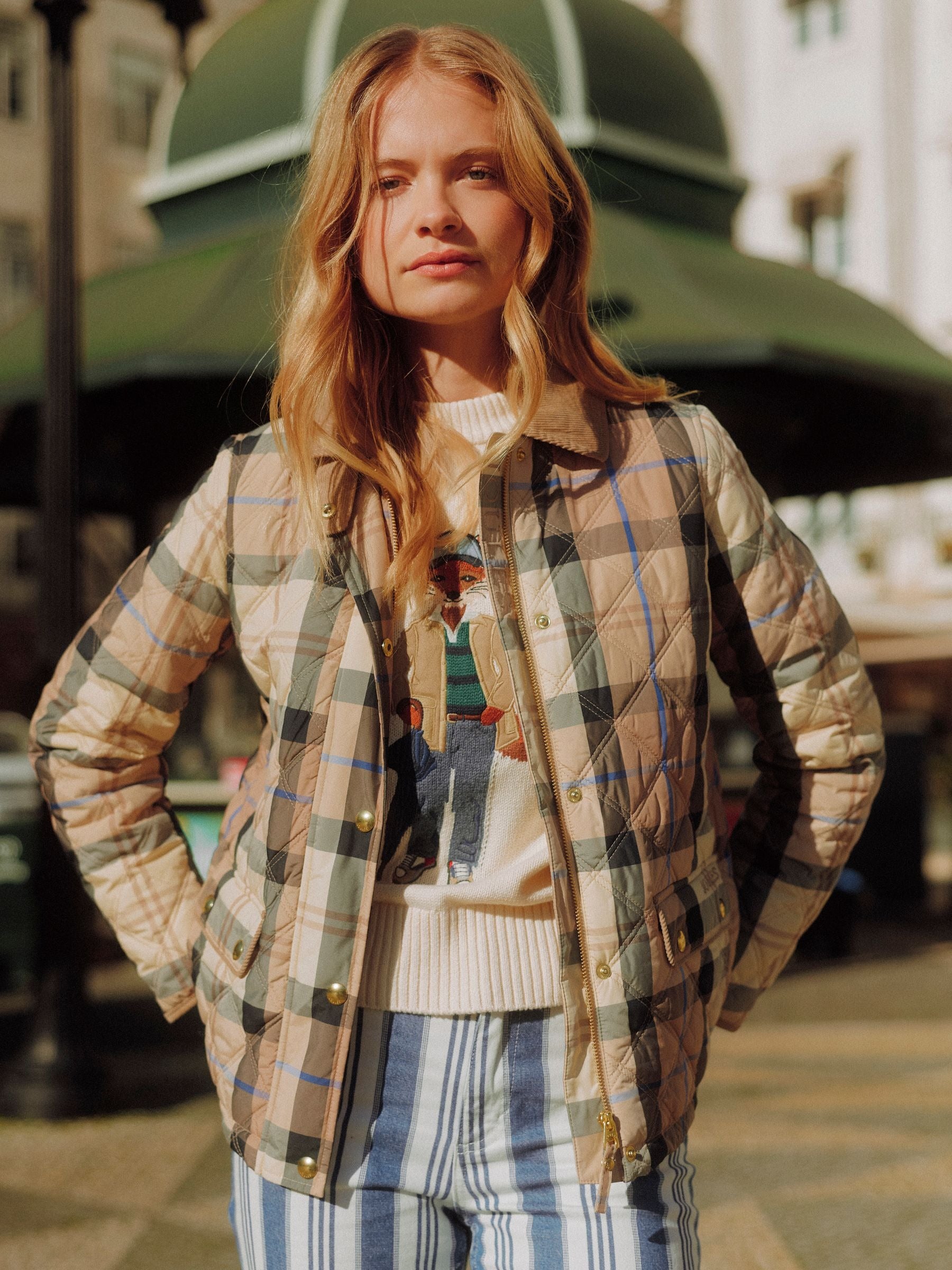 Harrogate Beige Check Showerproof Diamond Quilted Jacket
