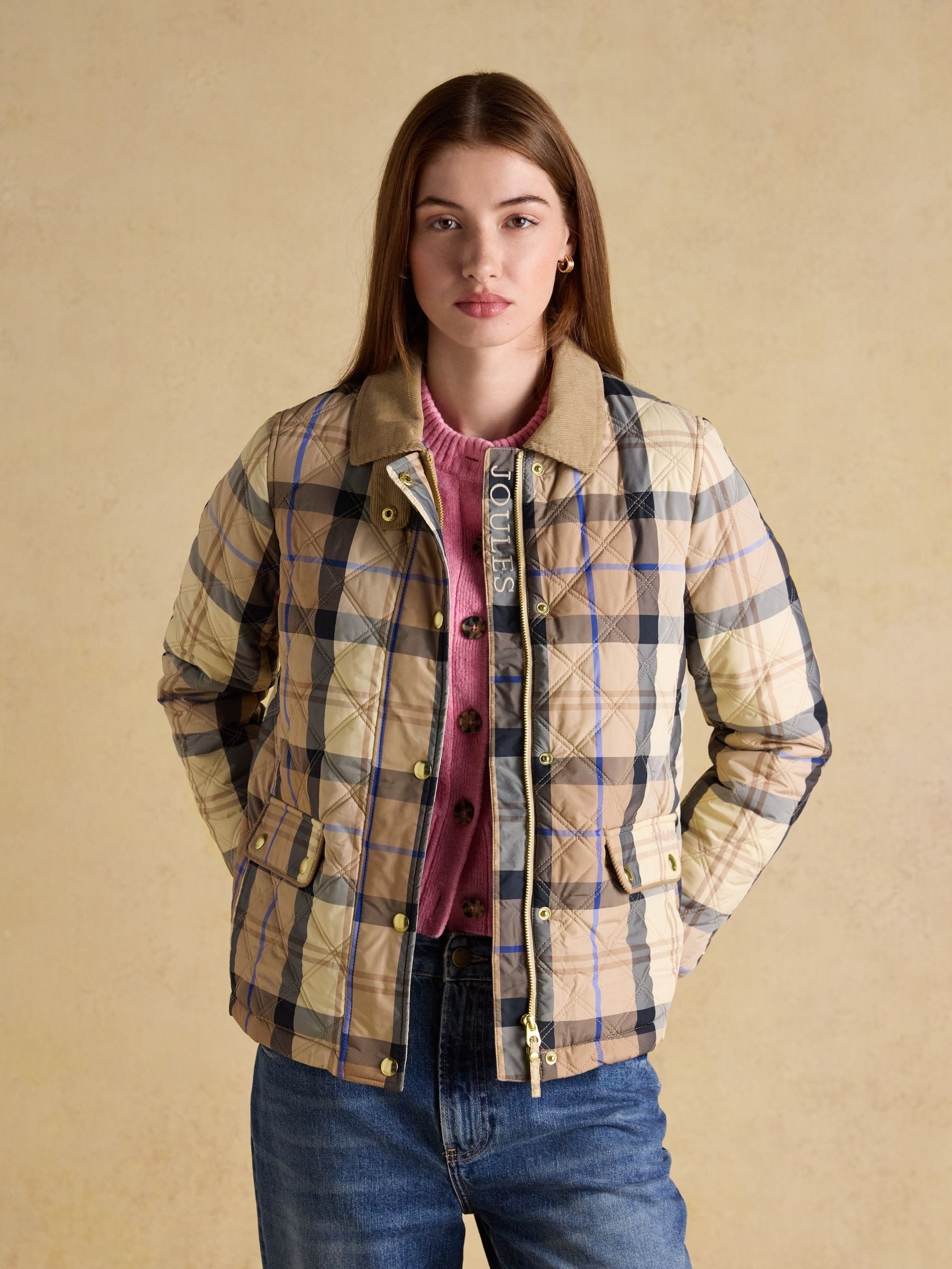 Harrogate Beige Check Showerproof Diamond Quilted Jacket