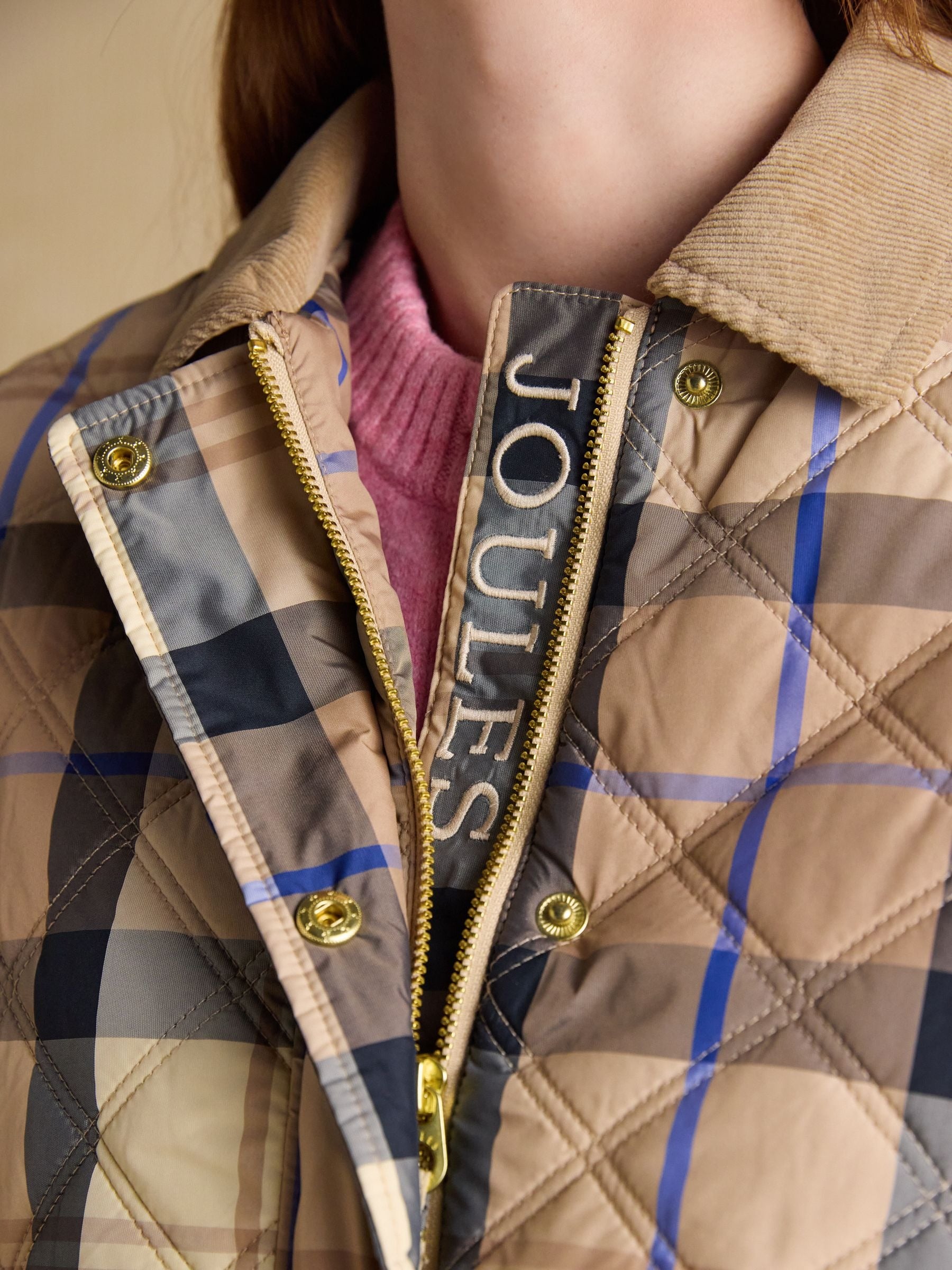 Harrogate Beige Check Showerproof Diamond Quilted Jacket