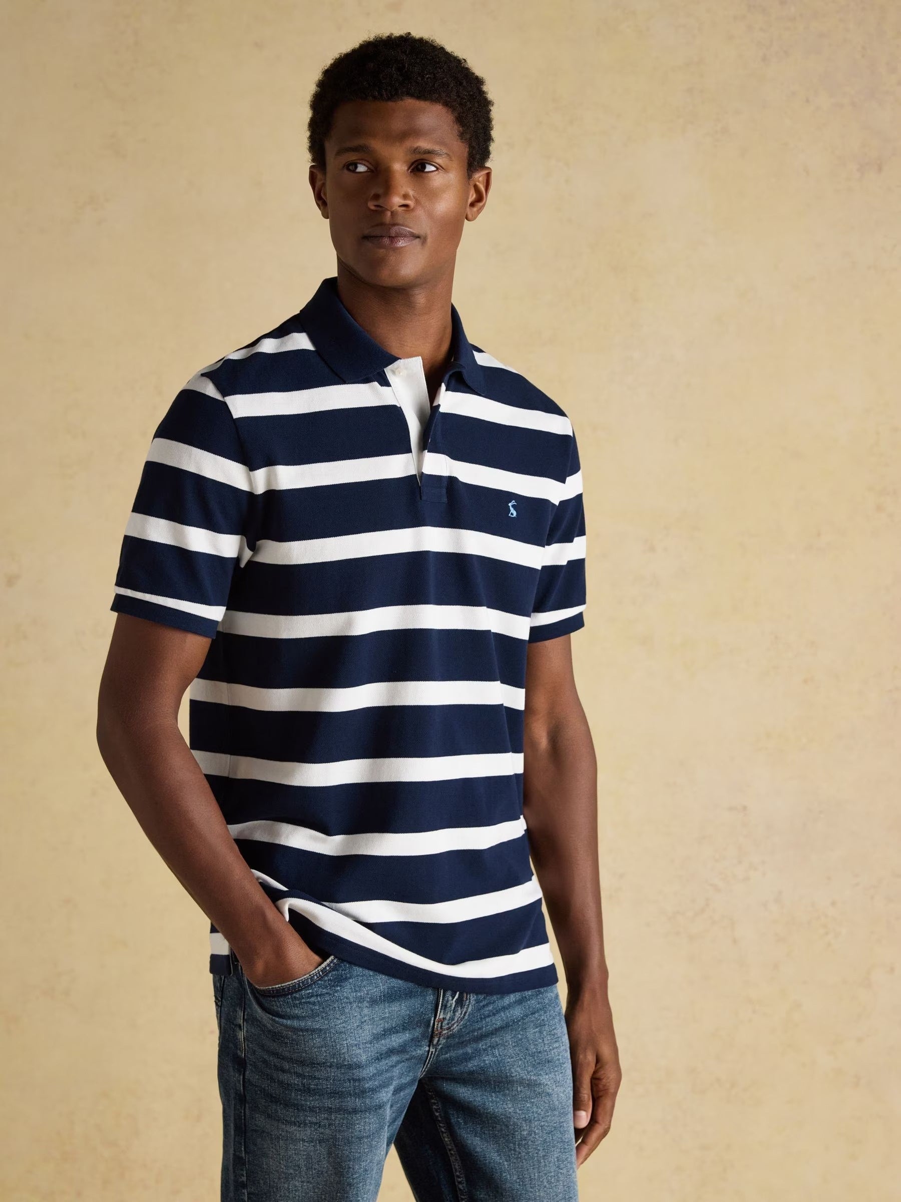 Woody Navy & White Striped Cotton Pique Polo Shirt