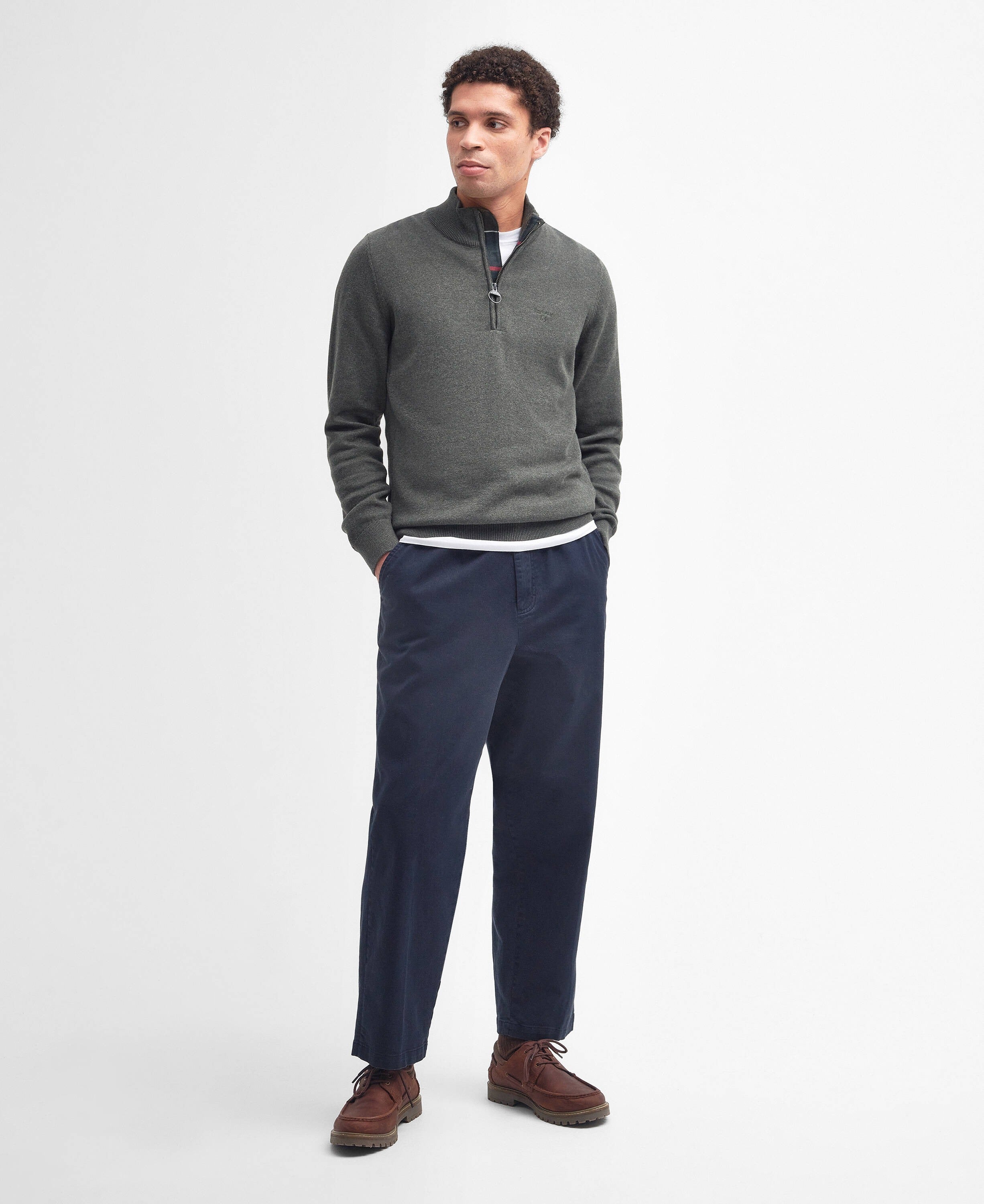 Cotton Quarter-Zip Jumper - Olive Marl