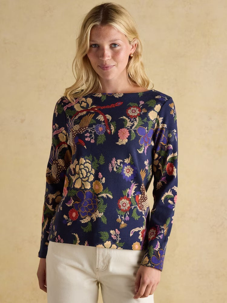 Harbour Navy Bird Floral Boat Neck Printed Top