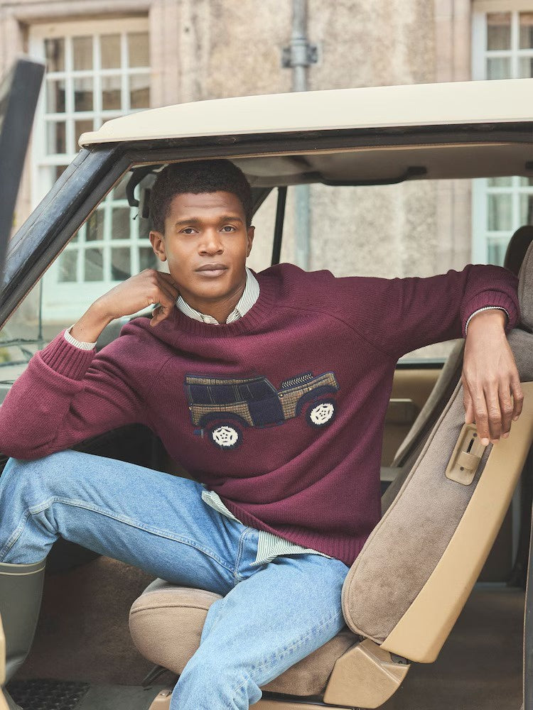 4x4 Burgundy Red Intarsia Crew Neck Jumper