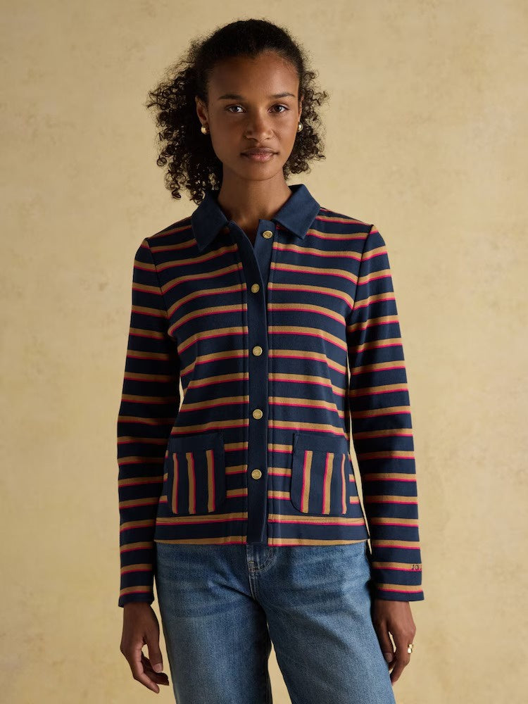 Premium Ribbed Navy Tan Pink Button Through Jersey Cardigan