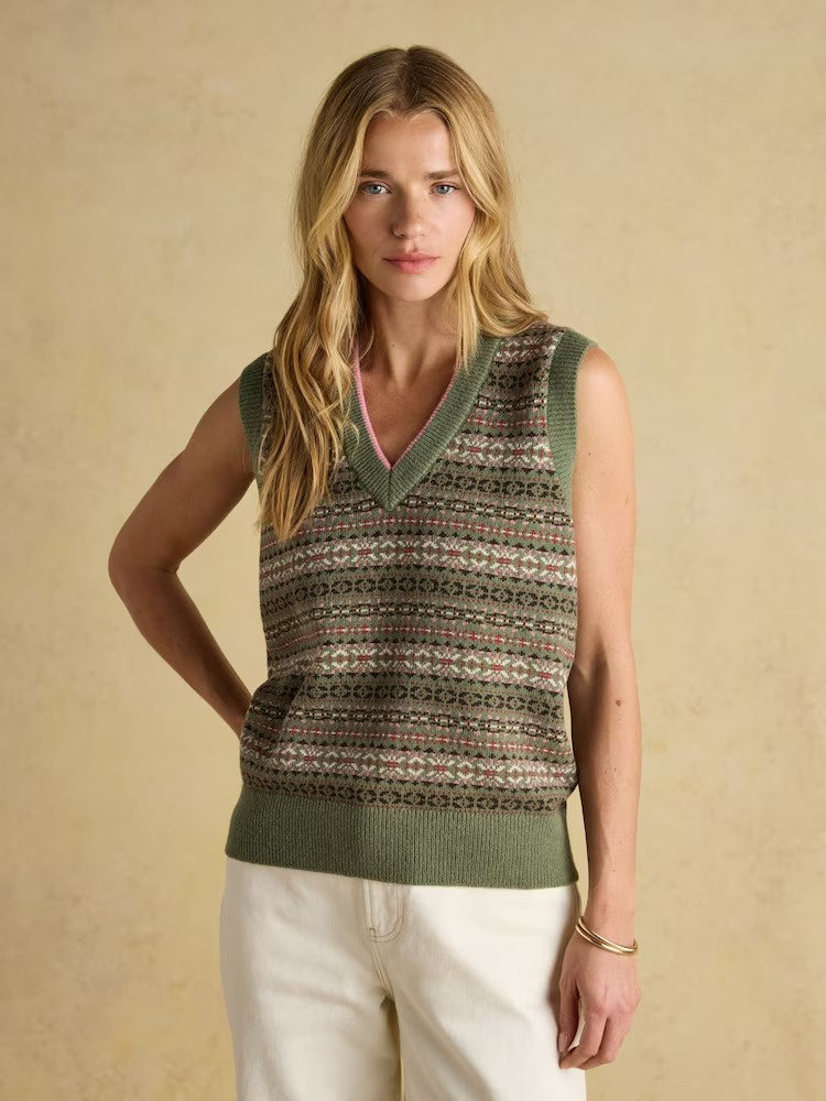Islay Green V Neck Fairisle Cotton Rich Vest