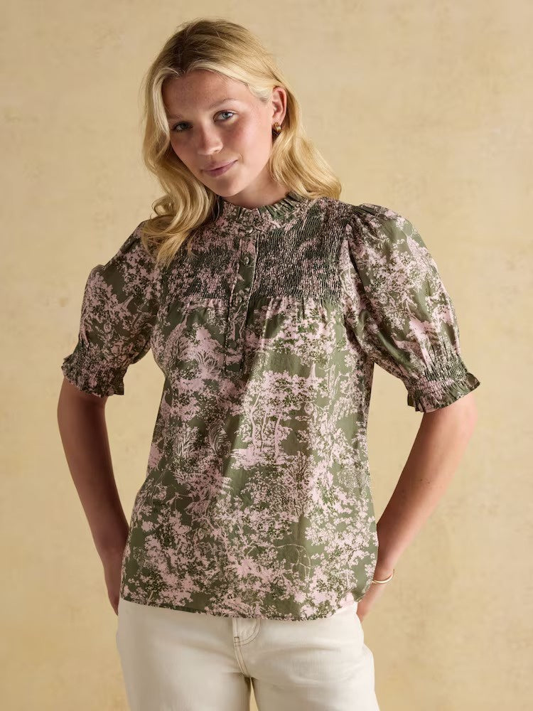 Silvia Green Frill Neck Smocked Blouse