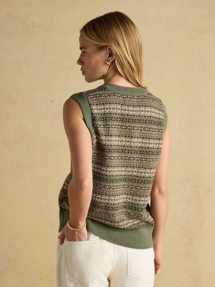 Islay Green V Neck Fairisle Cotton Rich Vest