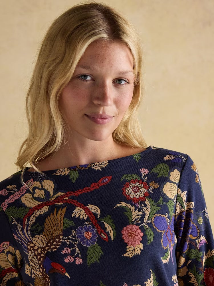 Harbour Navy Bird Floral Boat Neck Printed Top