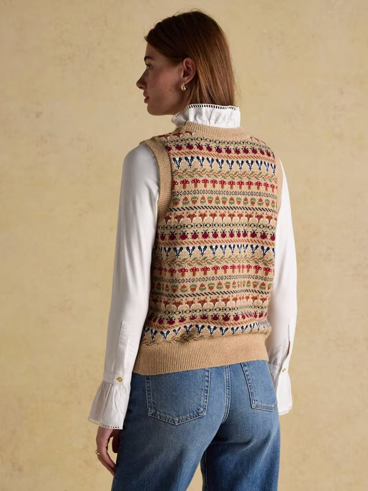 Woodland Oatmeal Cotton-Rich Intarsia Crew Neck Knitted Vest