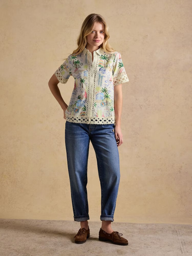 Isobel Coastal Scene Print Crochet Trim Shirt