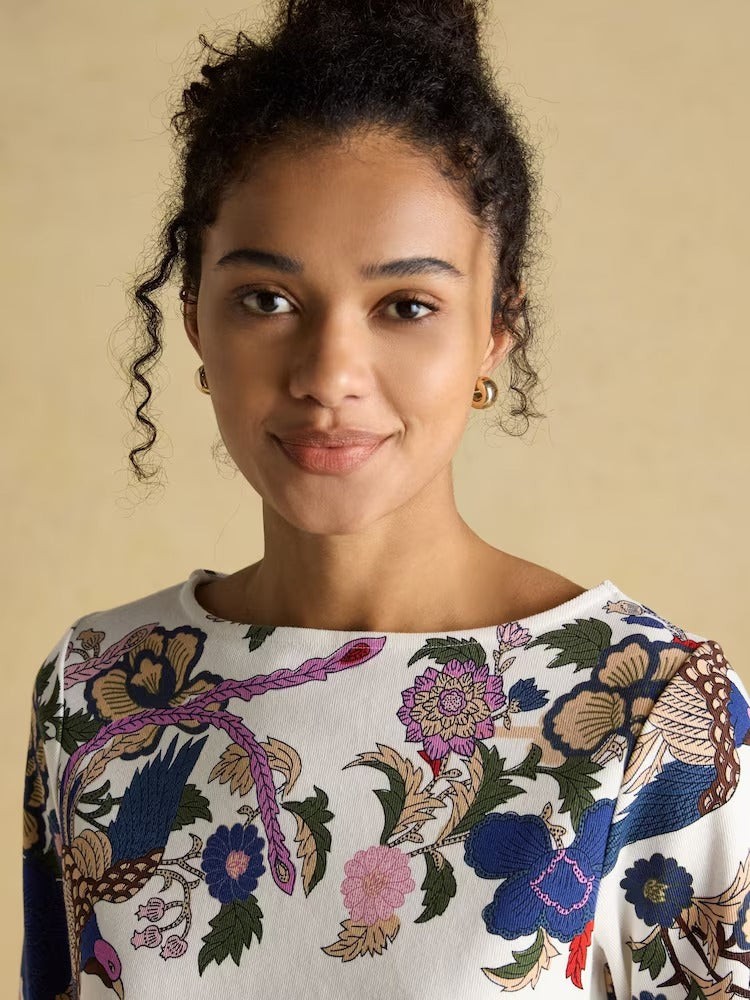 Harbour Cream Bird Floral Boat Neck Printed Top