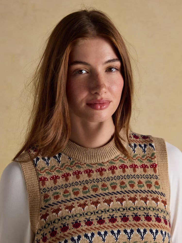 Woodland Oatmeal Cotton-Rich Intarsia Crew Neck Knitted Vest