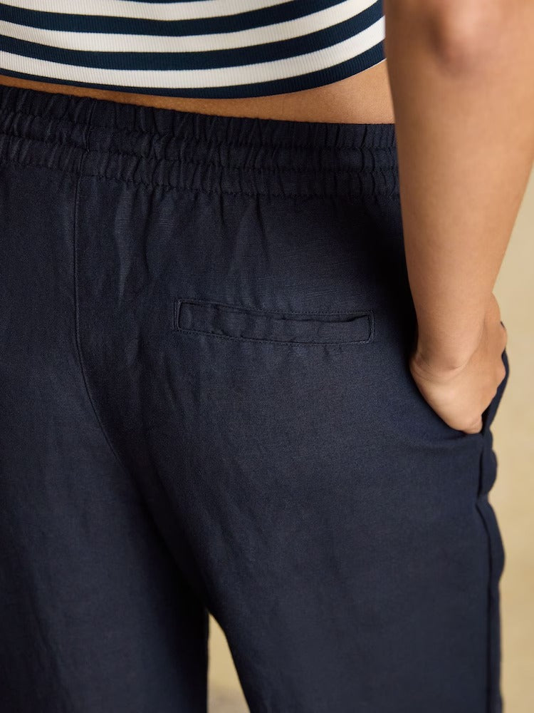 Navy Relaxed Wide Leg Trousers with Linen