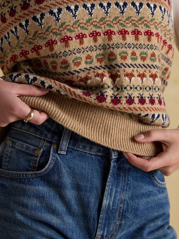 Woodland Oatmeal Cotton-Rich Intarsia Crew Neck Knitted Vest