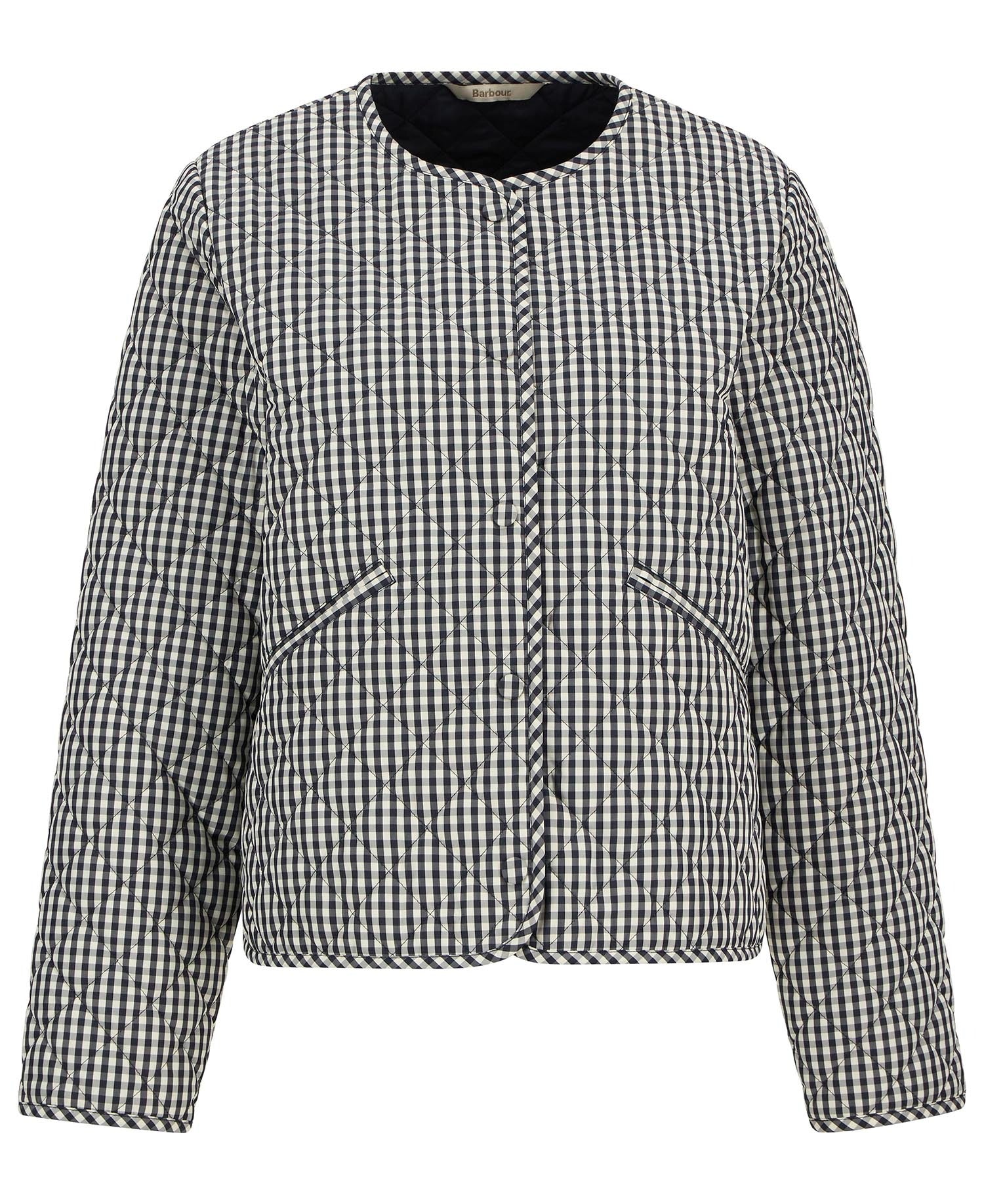 Cashel Gingham Collarless Quilted Jacket - Navy Gingham/Dark Navy