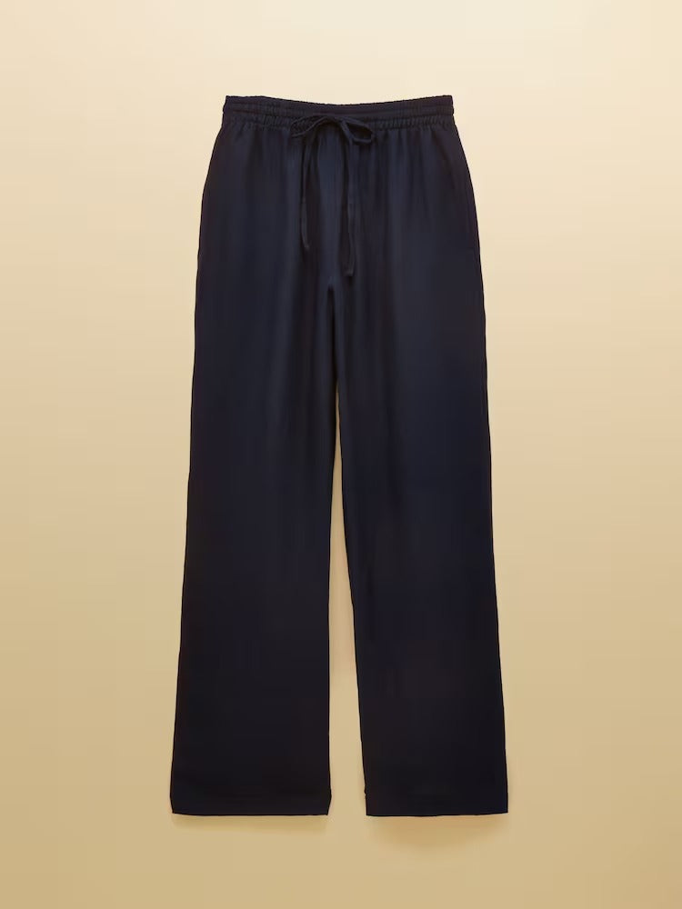 Navy Relaxed Wide Leg Trousers with Linen