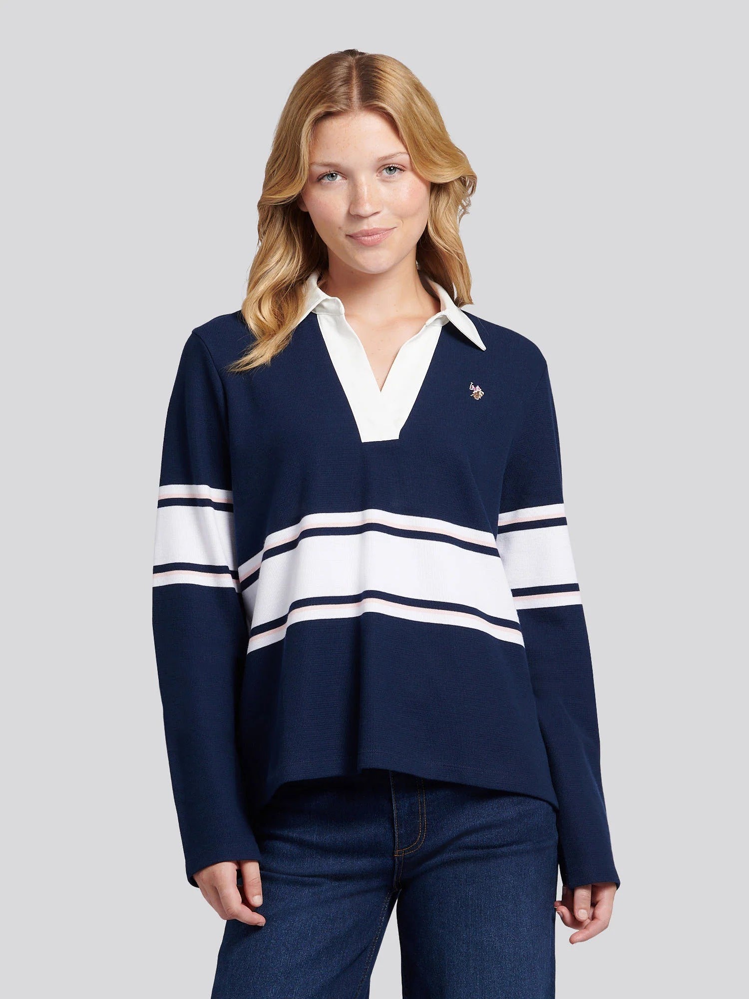 Women's Contrast Collar Stripe Rugby Top in Navy Iris