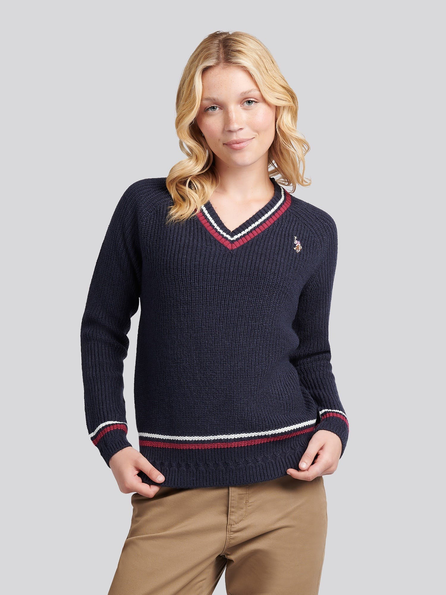 Women's Tri Stripe Tipping Cricket Jumper in Navy Iris