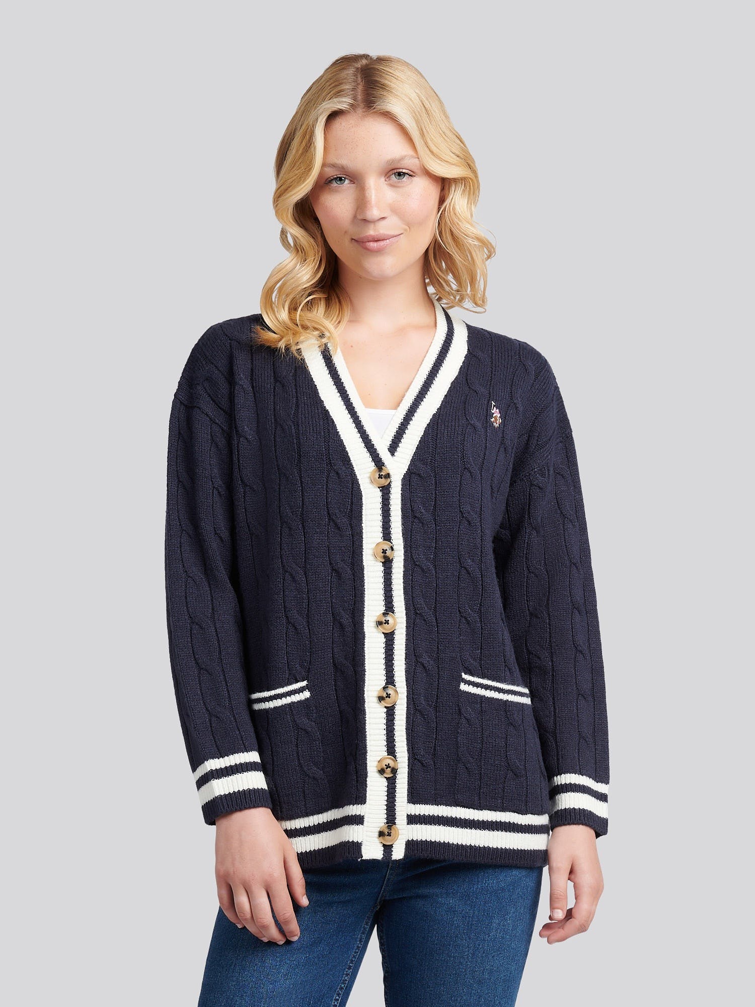 Women's Longline Cable Cardigan in Navy Iris