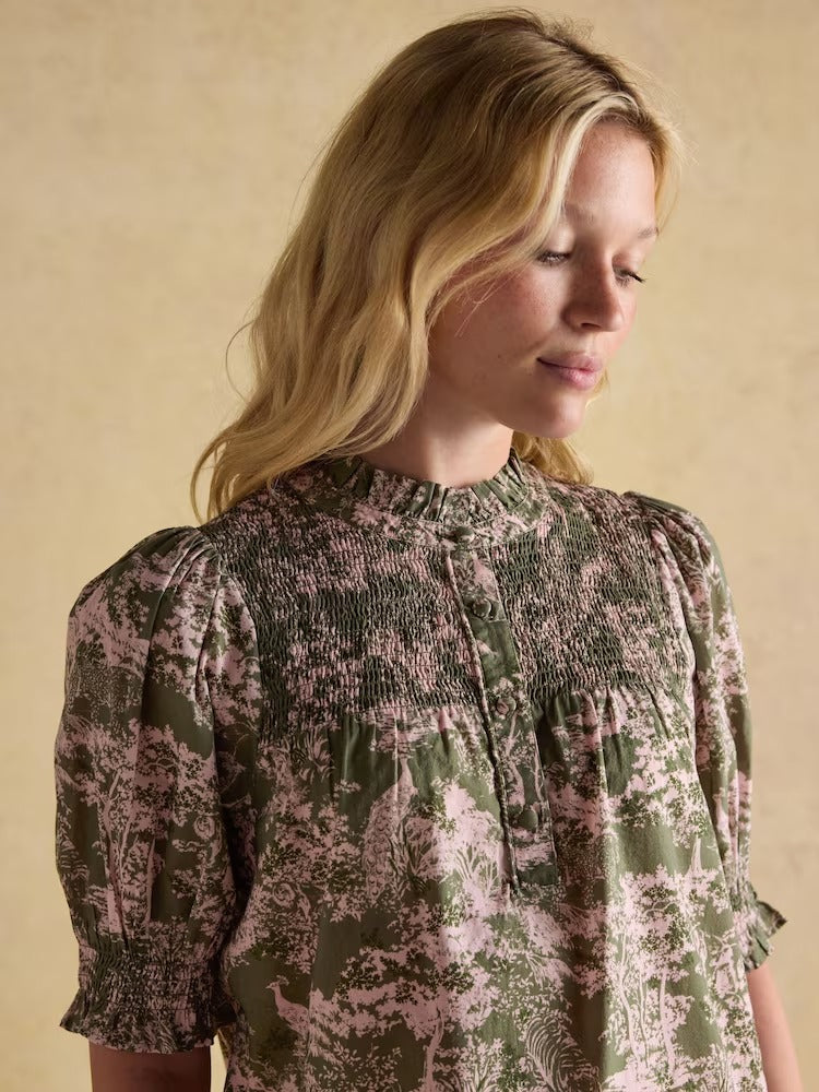 Silvia Green Frill Neck Smocked Blouse