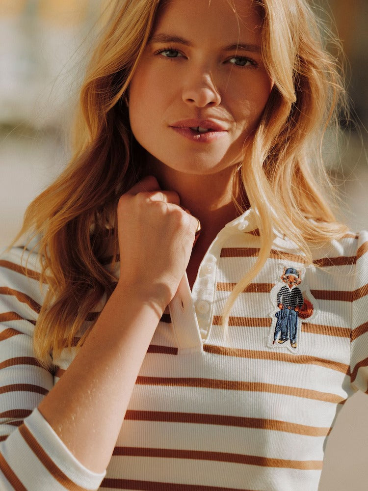 Fairfield Jonty Fox Cream & Brown Striped Long Sleeve Ribbed Polo Shirt